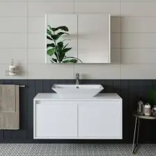 Banos Banyo Lavabolu Mat Beyaz Mdf 100cm Banyo Dolap+aynalı Banyo Üst Dolap