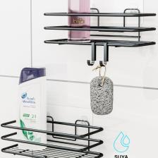 2Lİ Set Banyo Düzenleyici Şampuanlık Mat Siyah YAPIŞKANLI 4 ASKILI Duş Rafı Paslanmaz Organizer