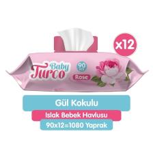 Baby Turco Gül Kokulu 90 Yaprak 12'li Paket Islak Bebek Havlusu