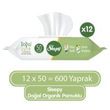 Sleepy Doğal Organik Pamuklu 50 Yaprak 12'li Paket Islak Mendil
